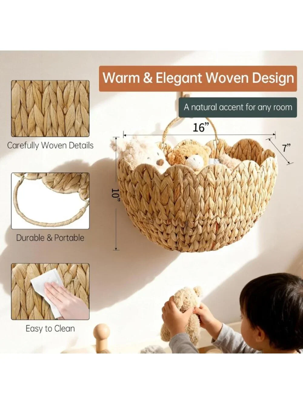 Scalloped Water Hyacinth Hanging Basket with Handle - Wicker Wall Decor for Home